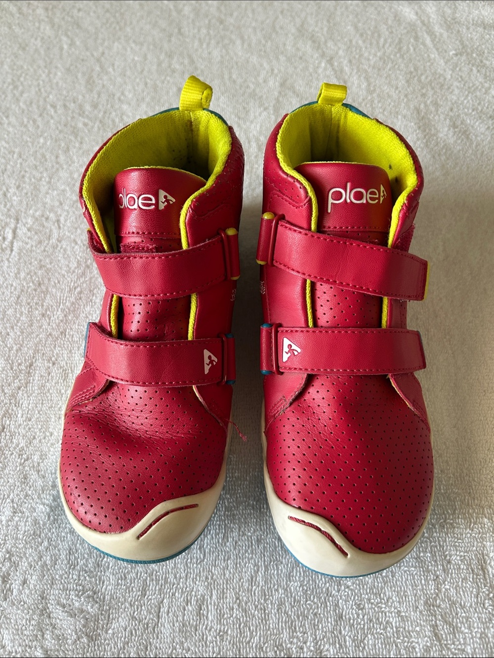 PLAE Kids Red High-Top Sneakers with Yellow Lining, Color Red.